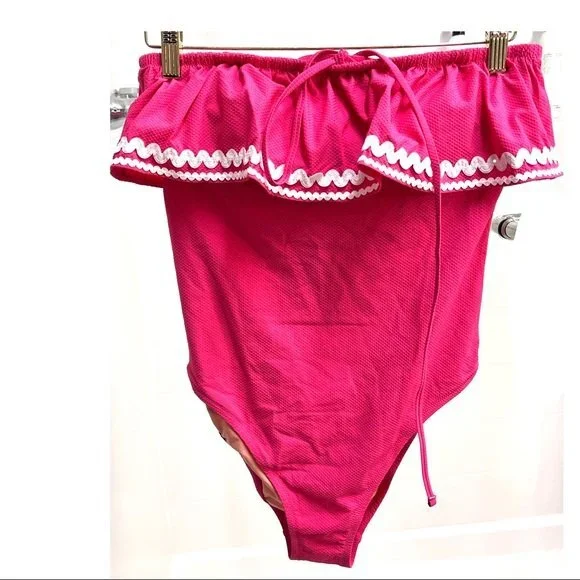 J. Crew Ruffle Bandeau One-Piece with Rickrack in Pink NWT 6 - Picture 2 of 10